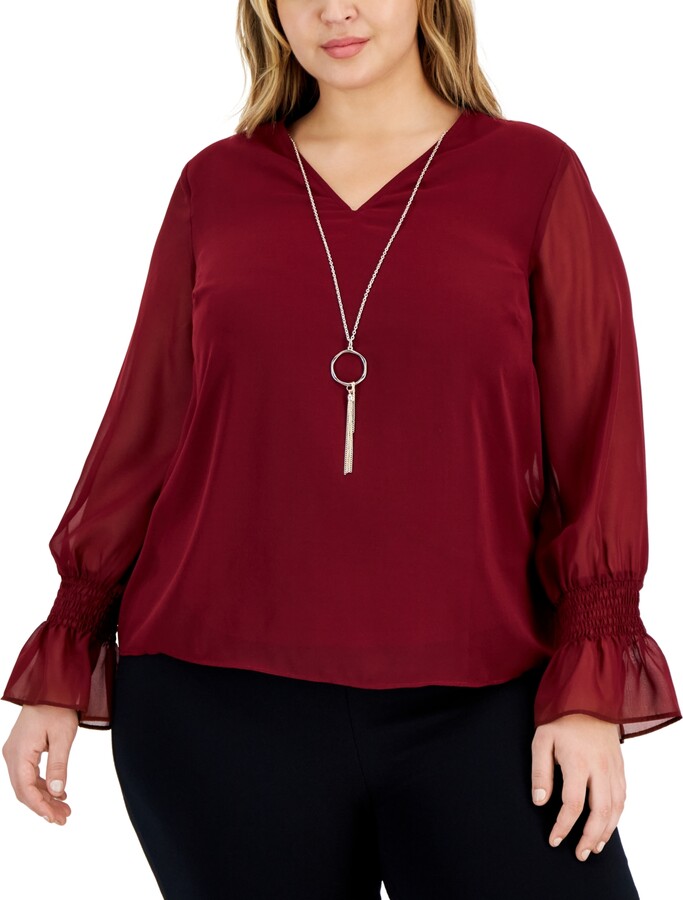 JM Collection Plus Size Smocked-Sleeve Necklace Top, Created for