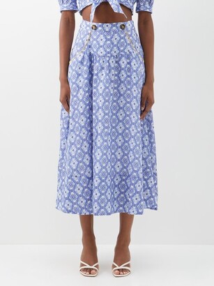 Saloni Della High-rise Printed Linen Skirt - Blue White