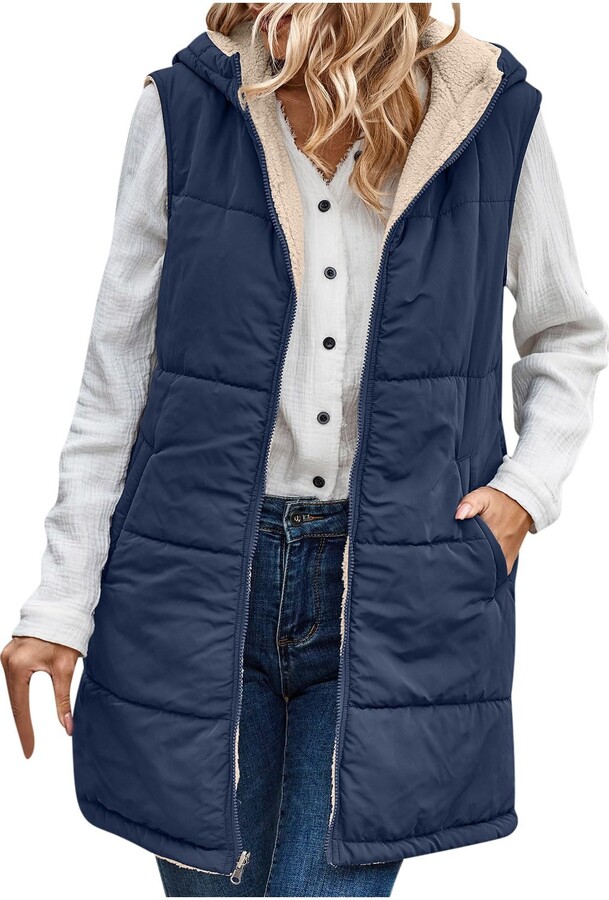 Mrat Winter Gilets Women Plus Size Sleeveless Fleece Jacket Full Zip Up  Coat Warm Mid Length Gilet Ladies Solid Color Hooded Coats with Pockets Two  Sided Winter Jacket Bodywarmer Clearance Blue 5XL 
