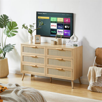 Bedroom dresser, 6 Double Dresser with rattan drawers, wood chest of drawers for kids room, living room, entry and hallway
