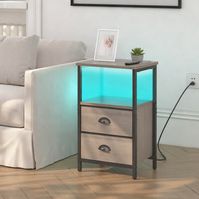 Ivy Bronx Nightstand With Charging Station & LED Lights 3-Tier Bedside Table With 2 Fabric Drawers Modern End Table With USB/Type-C Ports And Adjustable RGB L