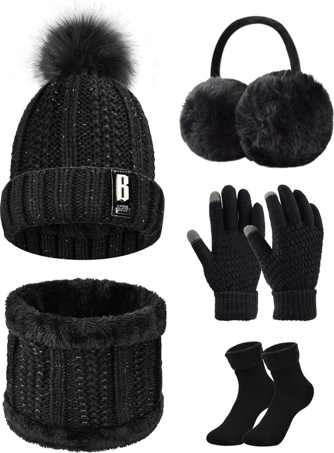 Winter Knit Beanie Hat Neck Warmer Gloves Set, Fleece Lined Skull Cap Infinity Scarves Touch Screen Mittens for Men Women (Black)