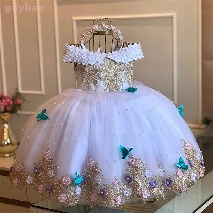 gdybao Luxury Princess Applique Flower Girl Dresses For Wedding Tulle Pearls Ball Kids Pageant Gown Birthday Party First Communion Wear