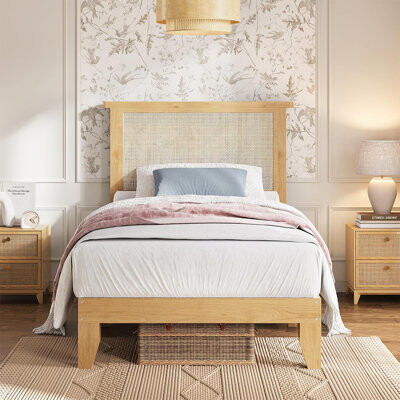 King Rattan Bed Frame with Natural Headboard, Bohemian Style Platform Bed with LED Lights, No Box Spring Required