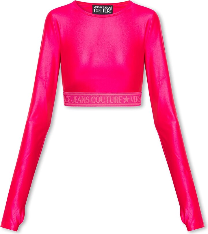 Versace All Over Logo Hooded Crop Top in Pink - ShopStyle