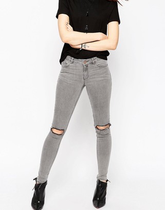 ASOS Lisbon Skinny Mid Rise Jeans in Sant Gray Wash with Rip and Destroy Knees