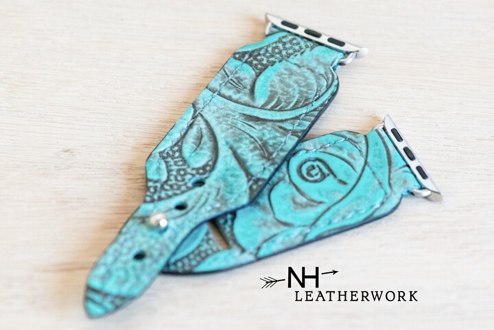 Leather Apple Watch Band, Turquoise Rose Embossed For 38mm 40mm 41mm 42mm 44mm 45mm, 49mm Fitbit Versa 2/Lite Samsung Galaxy