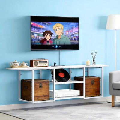 17 Stories Floating TV Stand With Power Outlet White Wall-Mounted Media Shelf For Under TV Storage