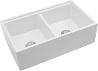 Living Source International 33-Inch White Porcelain Ceramic Farmhouse Kitchen Sink Double Bowl Workstation 10-Inch Deep Farm Sink | Gift Idea