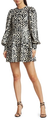 Rotate by Birger Christensen Alison Sequin Leopard Puff-Sleeve Mini Babydoll Dress