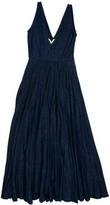 Valentino Evening Gown Blue Vlogo Pleated Accents Sleeveless with V-Neck Concealed Zip Closure at Side Designer