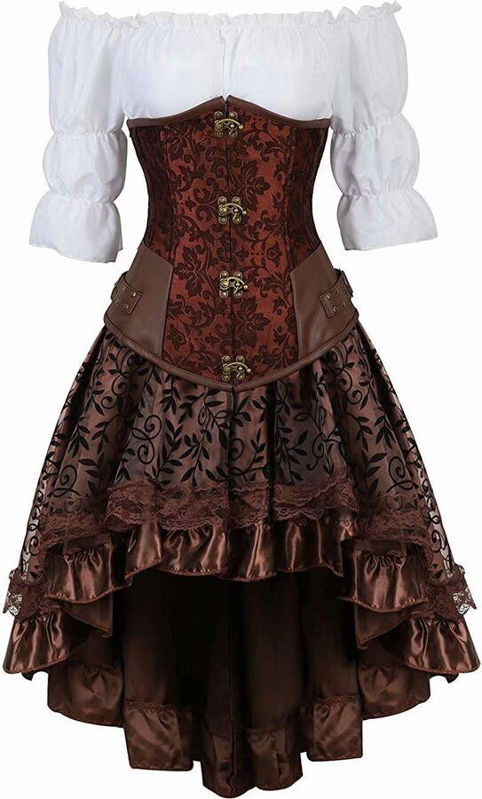 jutrisujo Steampunk Underbust Corset Dress 3 Piece Outfits for