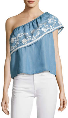 Rebecca Minkoff Rita One-Shoulder Embroidered Top, Light Blue