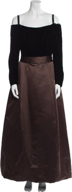 Catherine Regehr Evening Gown Brown Colorblock Pattern Long Sleeve with Square Neckline