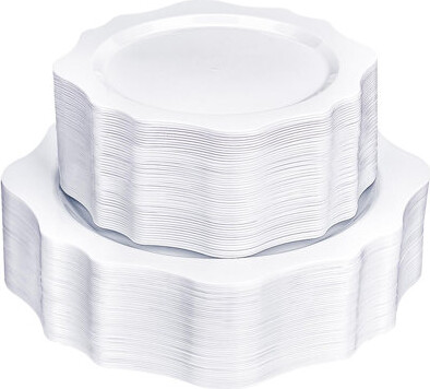 TAIZHOUGUANGRUI 100 PCS White Disposable Plates For 50 Guests Scalloped Plastic Plates Include 50 Dinner Plates And 50 Dessert Plates For Party Wedding
