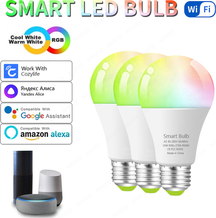 moreins 15W WiFi Smart Light Bulb E27 LED RGB Lamp Work with Alexa Google Home Alice Voice Control RGB+CW+WW Dimmable Timer Function