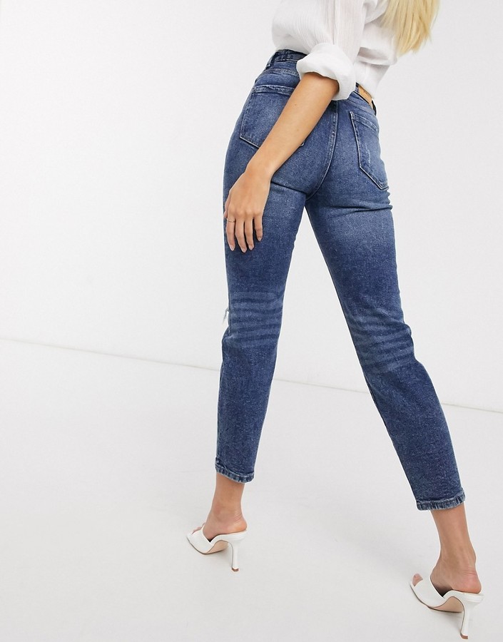 Stradivarius ripped slim mom jeans with stretch in blue wash - ShopStyle