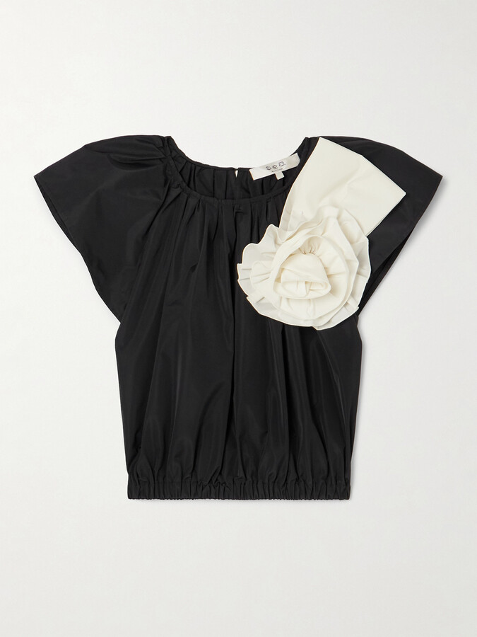 Sea Laurie Cropped Appliquéd Taffeta Top - Black