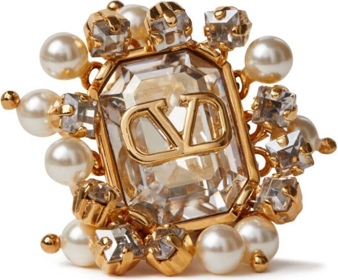 Valentino Garavani Women's Vlogo Signature Metal Ring with Pearls and Crystals - White - Rings