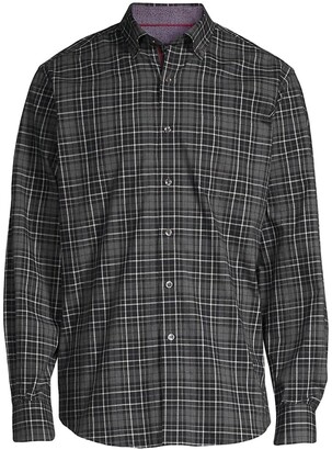 Bugatchi Contrast-Cuff Plaid Woven Button-Down Shirt