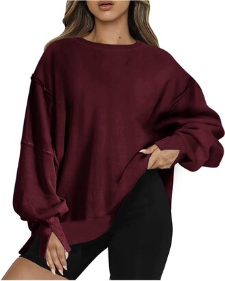 Sczwkhg deals under 10 dollars Sweatshirt for Women Crewneck Long Sleeve  Tops Lightweight Solid Color Fashion Warm Oversized Pullover Sweatshirts  Wine - ShopStyle