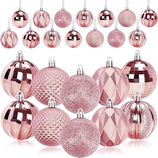 JULMELON 24PCS Large Christmas Balls Ornaments,60mm/2.4 in Shatterproof Plastic Decorative Xmas Tree Ornaments, Assorted Christmas Ball Ornaments for Wedding Anniversary Party Ornament (Pink)