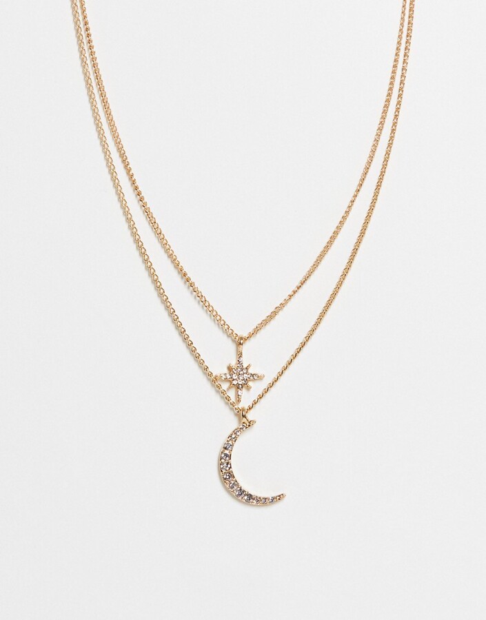 ASOS DESIGN multirow necklace with celestial star and moon in gold tone