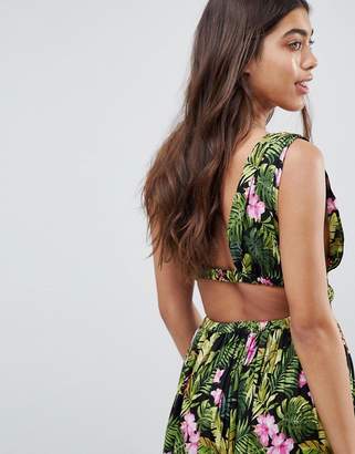 ASOS Design Grecian Plunge Maxi Woven Beach Dress In Hibiscus Print