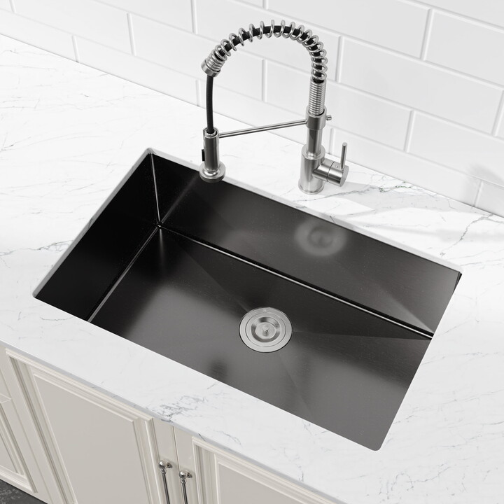 AsterOutdoor Stainless Steel Kitchen Sink, 30″x19″ Single Bowl, Undermount HandmadeSink in Black, with US Standard Drain and Hook