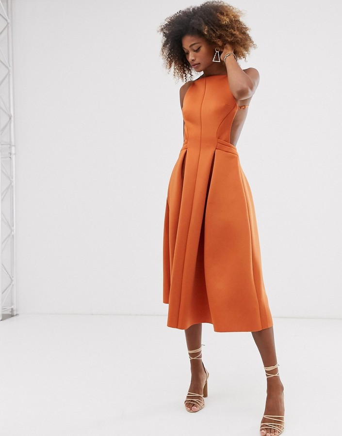 pleated high neck midi dress