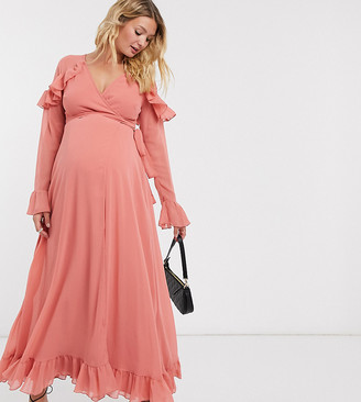 ASOS Maternity DESIGN Maternity wrap maxi dress with pephem and fluted sleeve in rose