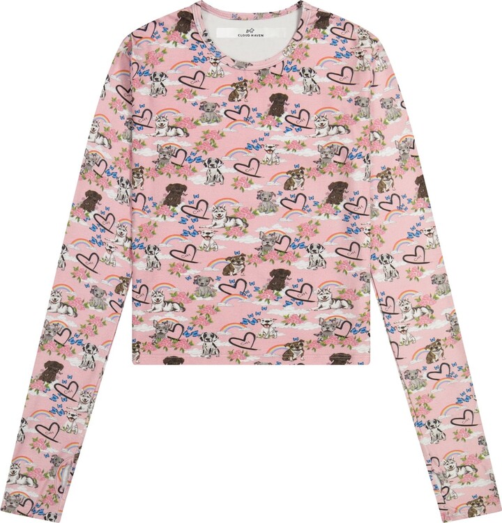 Cloud Haven Long Sleeve Rainbow Dog Printed Tee In Pink