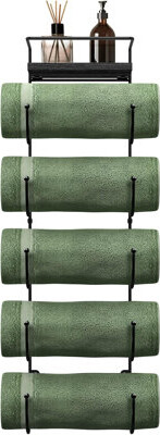 SHIRLEY'S OFFICE FURNITURE, LLC Bathroom Towel Holder - 5 Tier Metal Towel Rack With Wood Shelf For Rolled Bath Towels, Washcloths, Linens, Hand Towels, Soaps & Accessories - Wall Mo