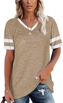 Mayntop Womens T-Shirt for Summer Plain Solid Colour Striped Tee Loose Plus  Size Short Sleeve V-Neck Blouse(A Khaki S(10)) - ShopStyle