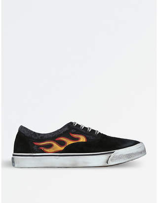 Palm Angels Flame-appliqué distressed canvas and suede trainers