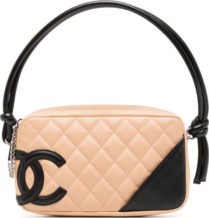 Auth Chanel Calfskin Quilted Cambon Ligne Pochette Beige Women Shoulder Bag