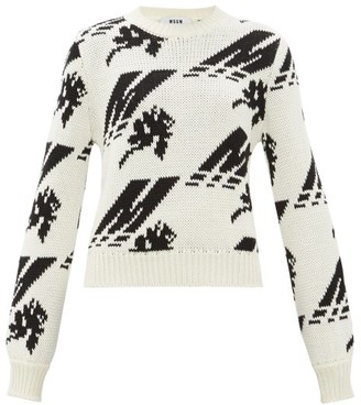 MSGM Crew-neck Logo-intarsia Wool-blend Sweater - White Black