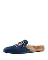 Thumbnail for your product : Gucci Princetown Velvet Embroidered Fur-Lined Slipper, Blue