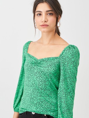 Whistles Sketched Floral Sweetheart Neck Top - Green