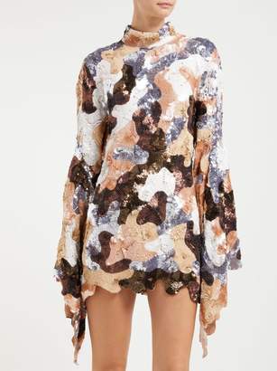Ashish Camouflage Sequinned Flared-sleeve Mini Dress - Womens - Brown Multi