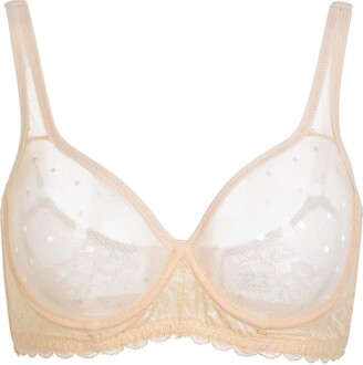 Wingslove Women's Sexy Lace Sheer Bra Demi Mesh Balconette See Through  Unlined Underwire with Silicone Nipple,White 38B 