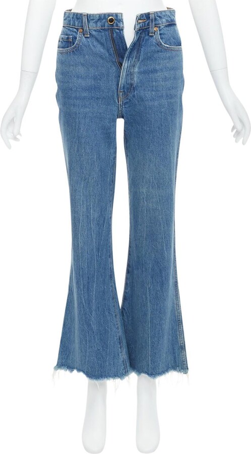 1stDibs Khaite Gabbie Blue Stone Washed Resin Button Flare Cropped Jeans 25"