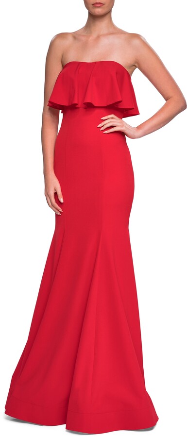 red strapless gown