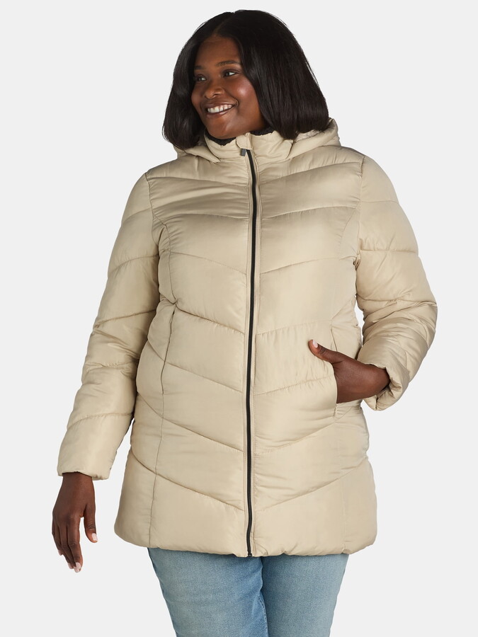 Big Chill Women’s and Women’s Plus Chevron Quilted Puffer Jacket with Hood, Sizes S-3X