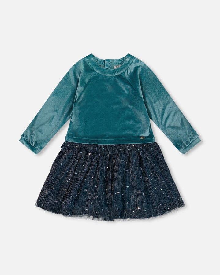 Deux par Deux Big Girls Long Sleeve Bi-Material Velvet and Pleated Mesh Dress Teal Blue