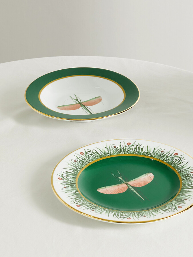 La DoubleJ Gold-plated Porcelain Soup Bowl And Dinner Plate Set - Green