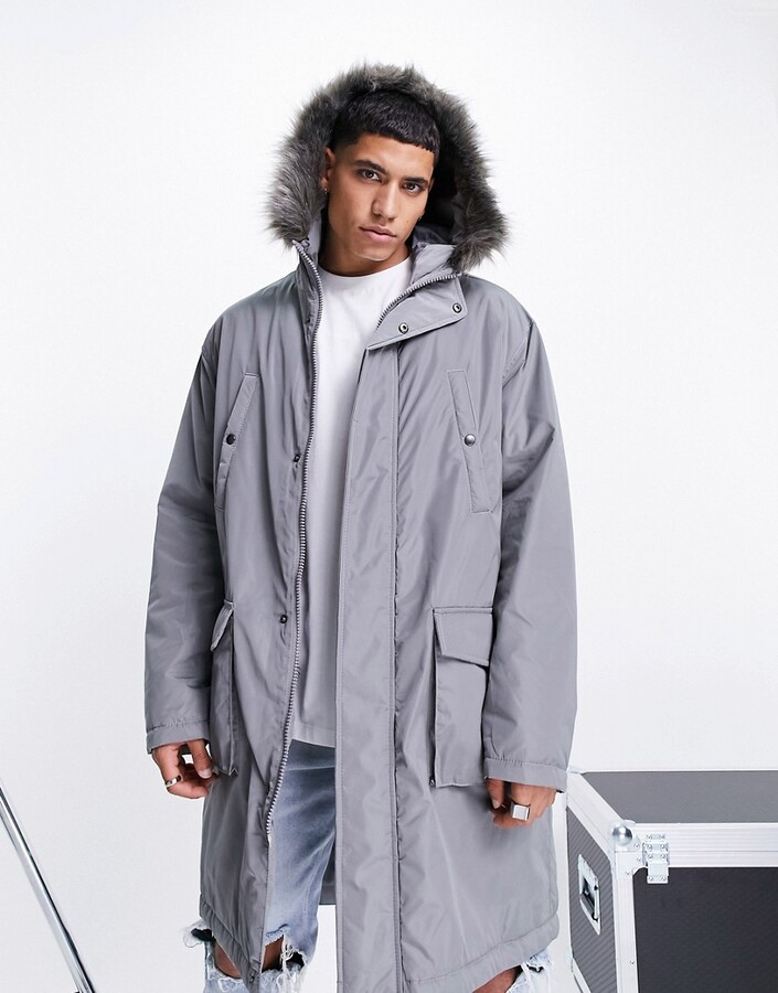 ASOS DESIGN parka jacket with faux fur trim hood in gray - ShopStyle