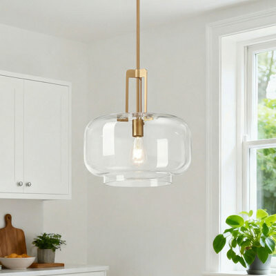 George Oliver 1-Light Brushed Brass Glass Single Pendant Light With Clear Dome Shade And Adjustable Downrod