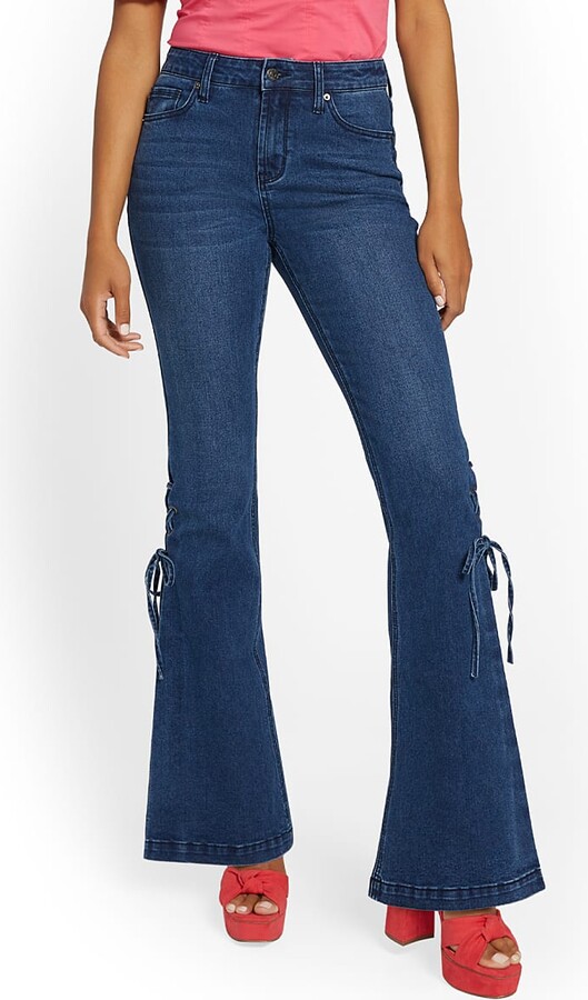 New York and Company High-Waisted Lace-Up Bootcut Jeans - Dark Wash ...