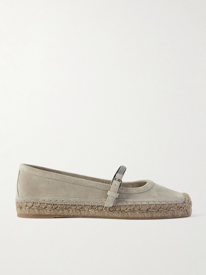 Brunello Cucinelli Bead-embellished Suede Mary Jane Espadrille Flats - Brown